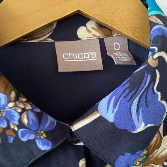 Chico's Cold-Shoulder Blouse Womens Small Blue Floral Collared Button Front - Picture 4 of 8